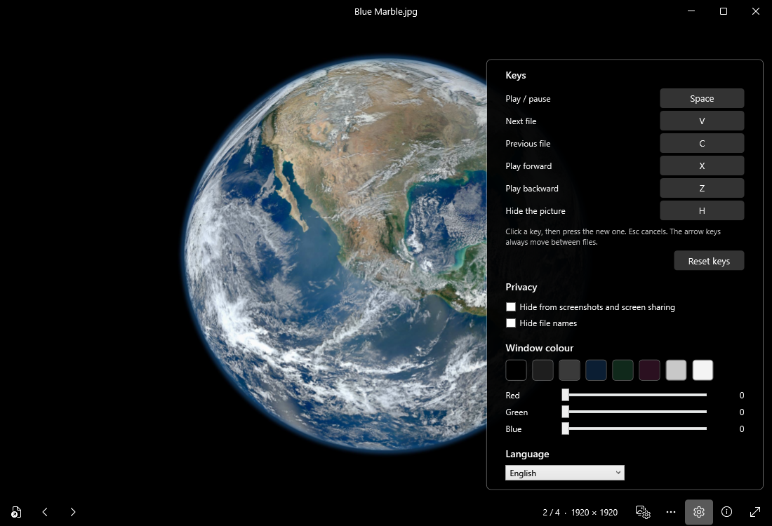 The Options menu with key assignments, privacy options, window colour and language