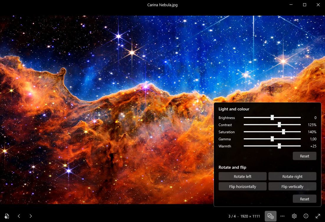 The Image settings menu with sliders for brightness, contrast, saturation, gamma and warmth, and buttons to rotate and flip